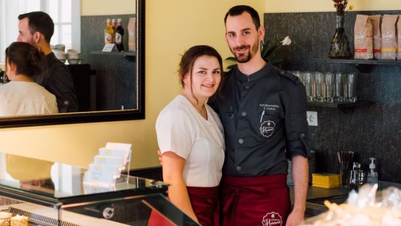 The founders in their confectionery shop