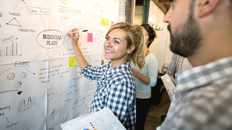 Eine Frau erstellt einen Businessplan auf einer Metaplan-Wand.