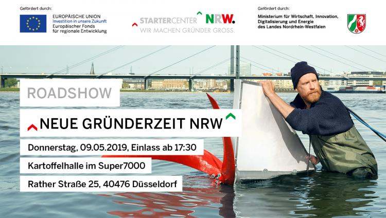 Mann steht im Wasser, davor Schriftzug Roadshow Neue Gründerzeit NRW.