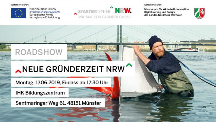 Mann steht im Wasser, davor Schriftzug Roadshow Neue Gründerzeit NRW.