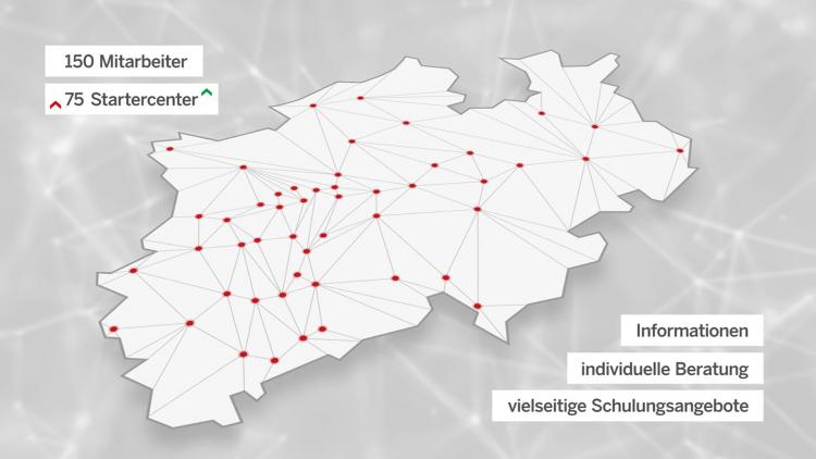Landkarte von Nordrhein-Westfalen, auf Punkte mit Linien verbunden sind, so dass ein Netzwerk entsteht